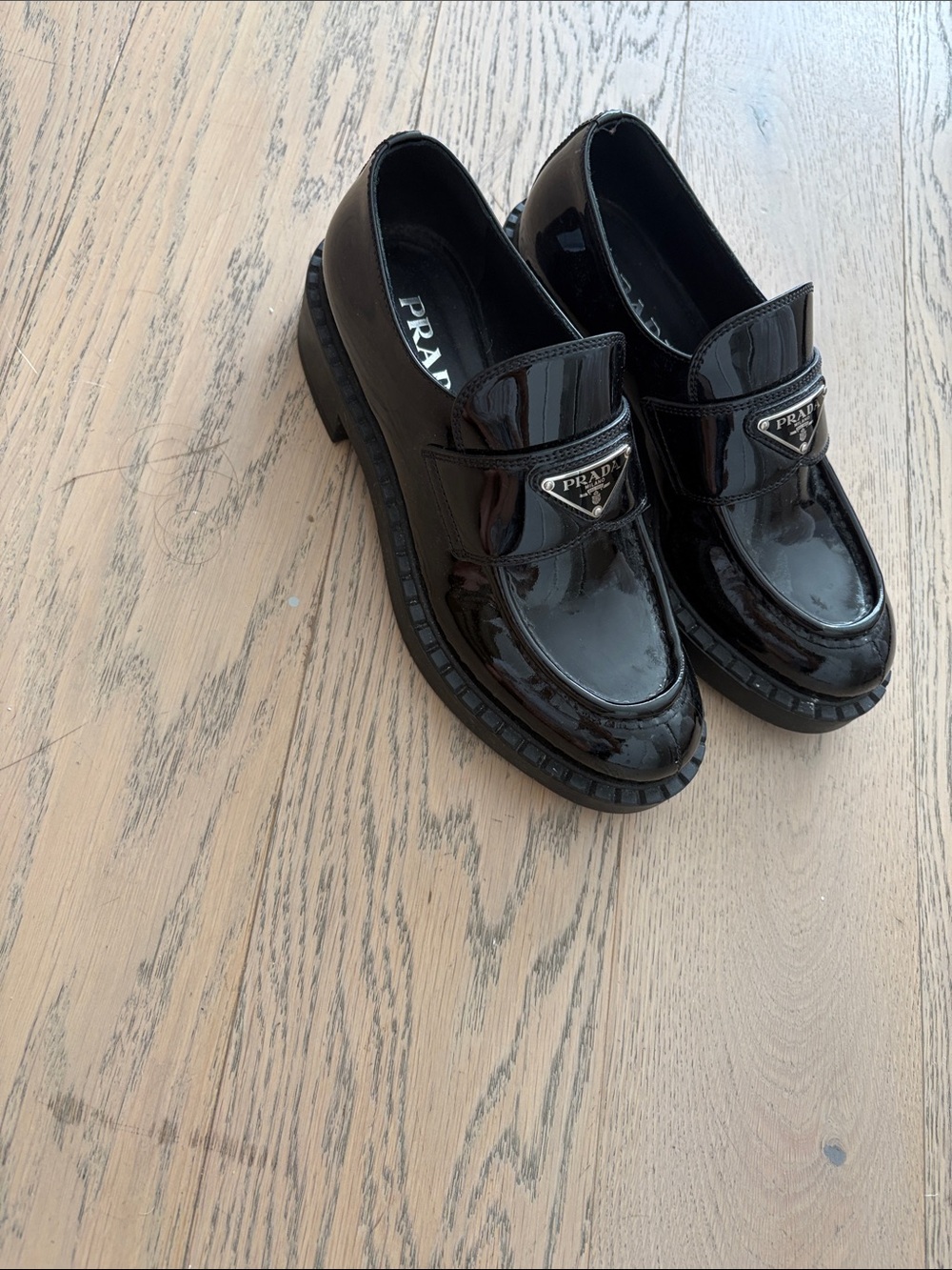Prada Black Patent Leather Penny Loafers with Logo Plaque